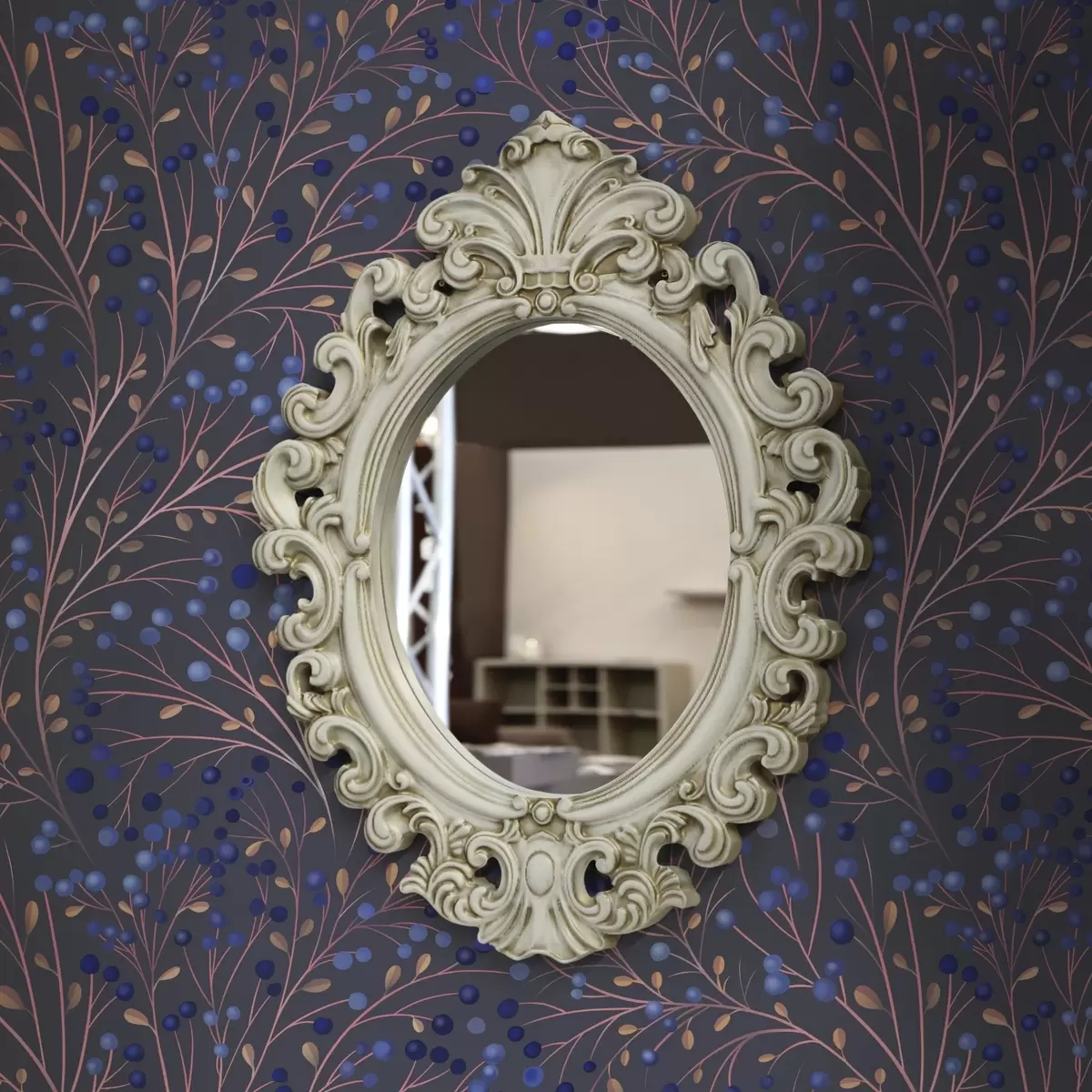 Шпалери Рожево-коричневі гілки та сині ягоди на графітовому тлі a00787