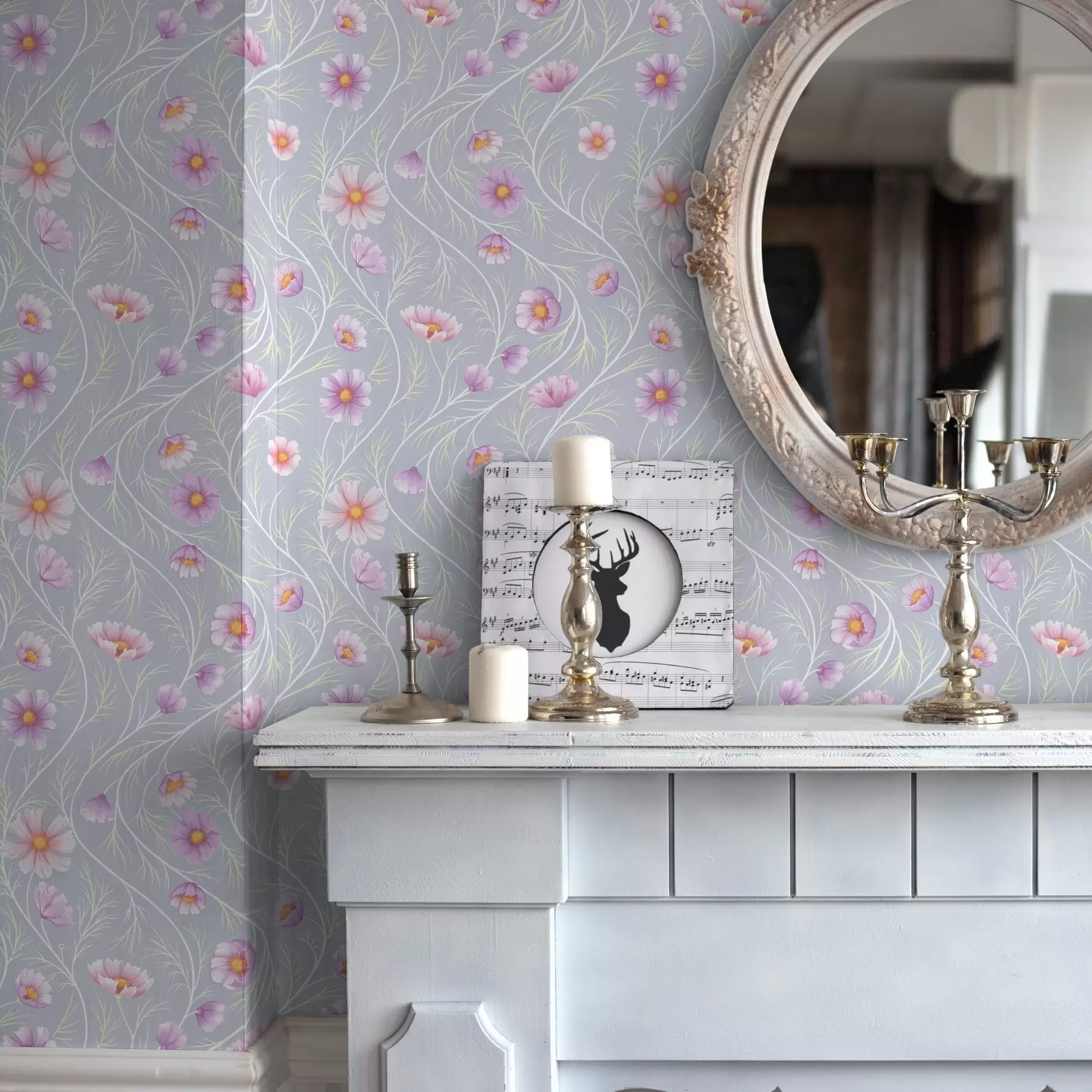 Шпалери Рожевий космос і тонкі стебла на сірому тлі a00791