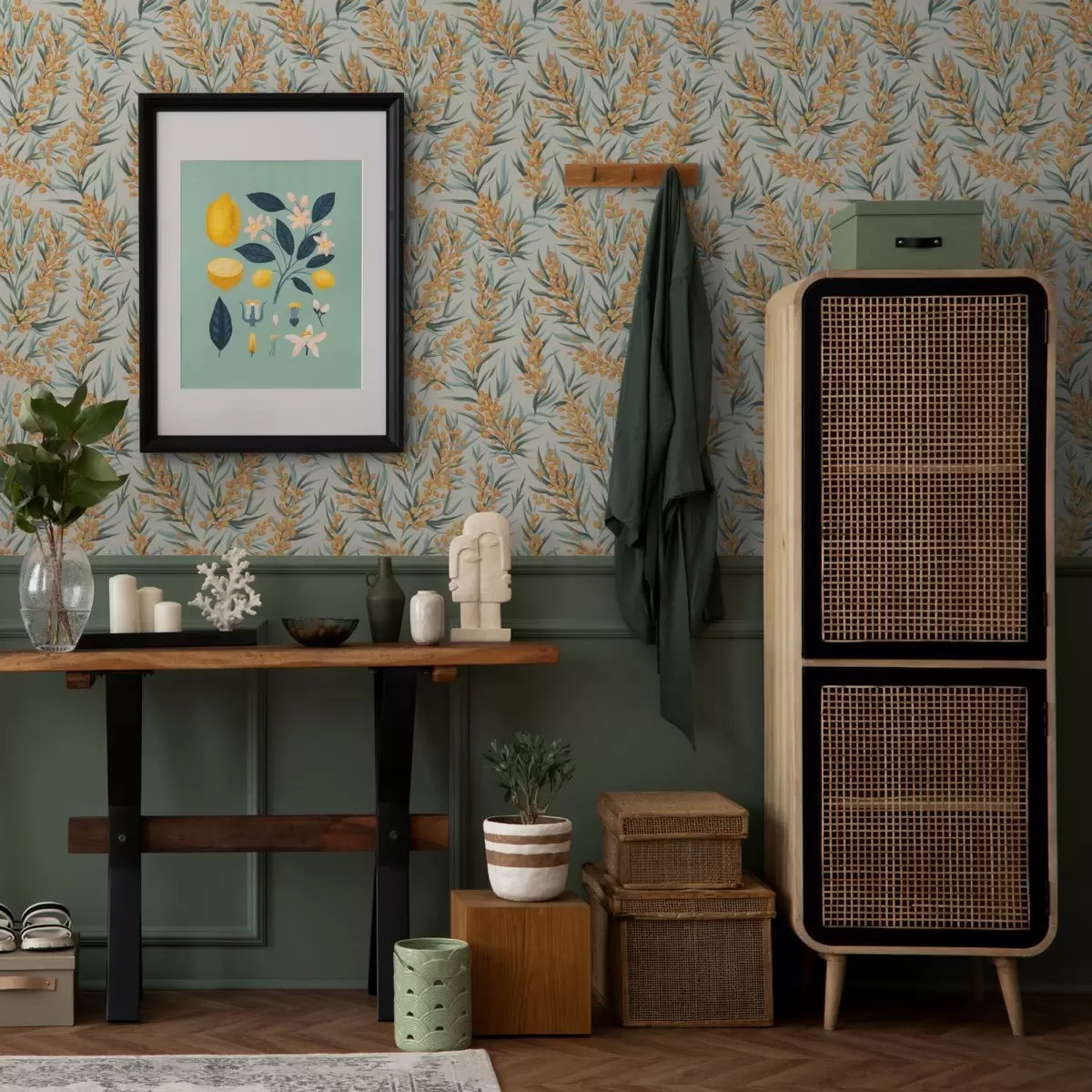 Шпалери Гілки обліпихи з помаранчевими ягодами, світлий фон a00792