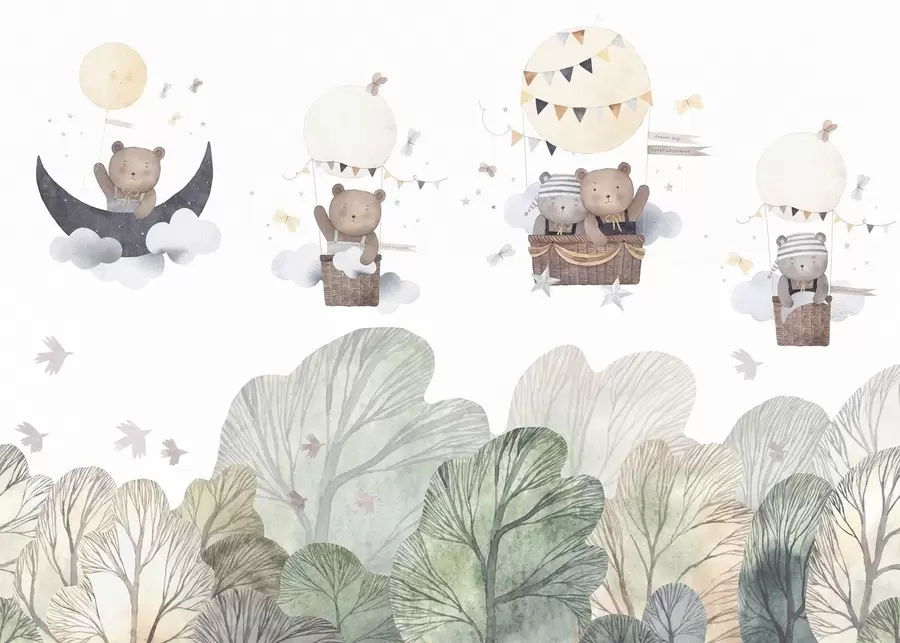 Шпалери Акварельні повітряні кулі з ведмедями над лісом w09437