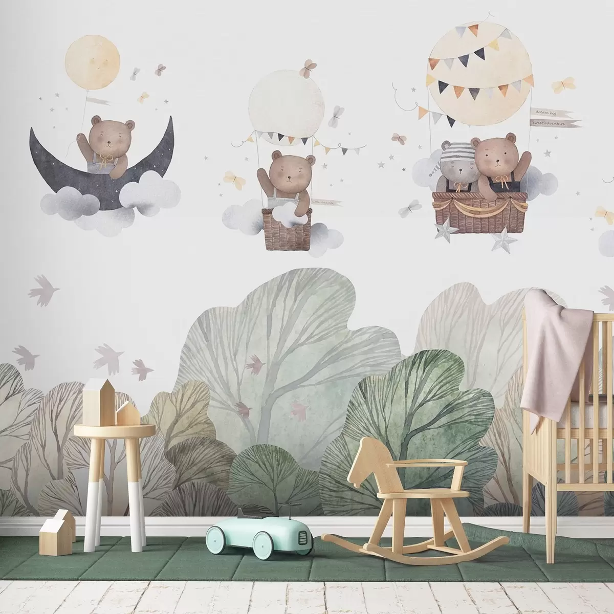 Шпалери Акварельні повітряні кулі з ведмедями над лісом w09437