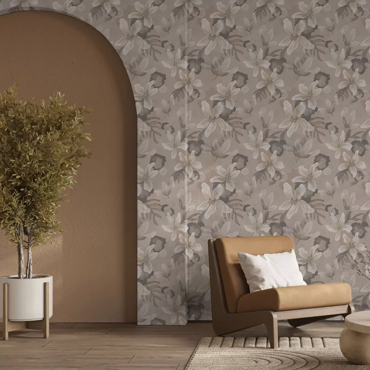 Шпалери Великі бежеві квіти з абстрактними акварельними плямами a00635