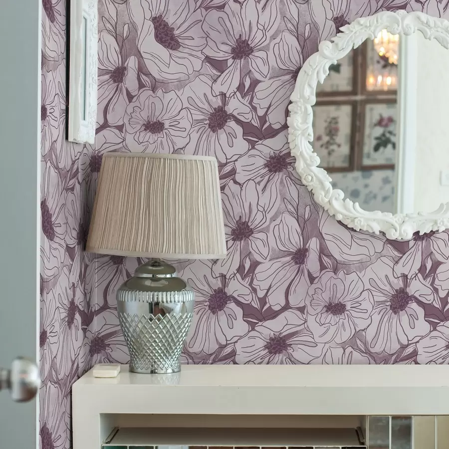 Шпалери Лінійні квіти в прохолодній бузково-рожевій палітрі a00636v1