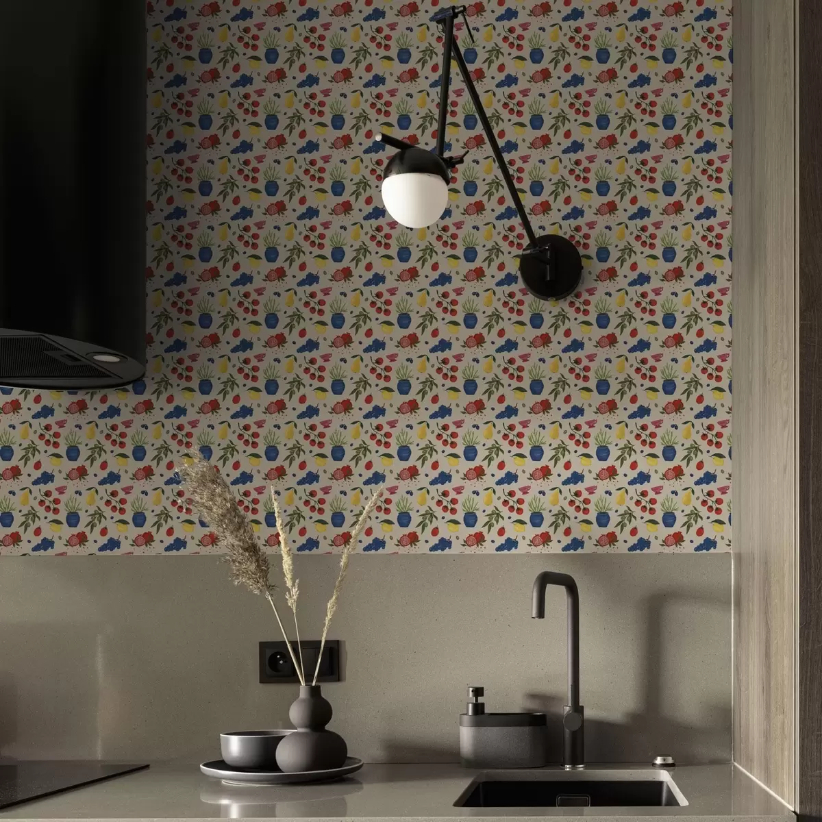 Шпалери Яскравий візерунок з фруктами, гілками та вазами a00637