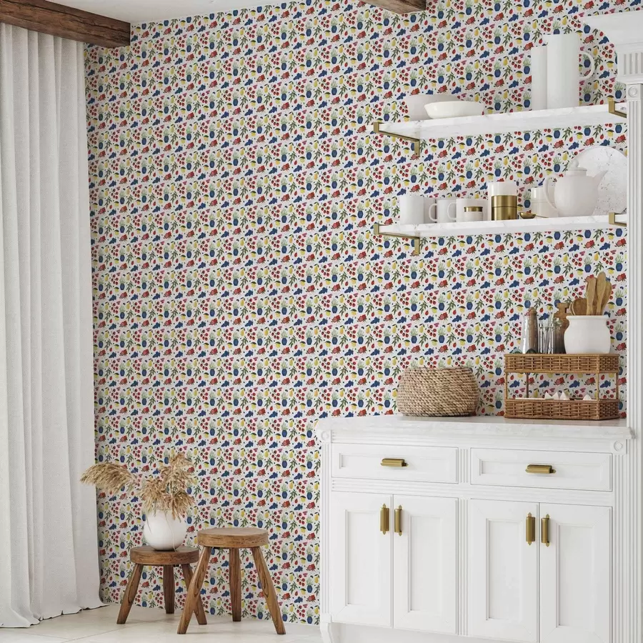 Шпалери Яскравий фруктово-ботанічний візерунок на білому тлі a00637v1