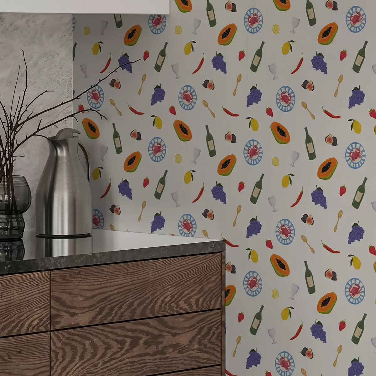 Шпалери Фрукти, вино та спеції на світлому тлі a00639