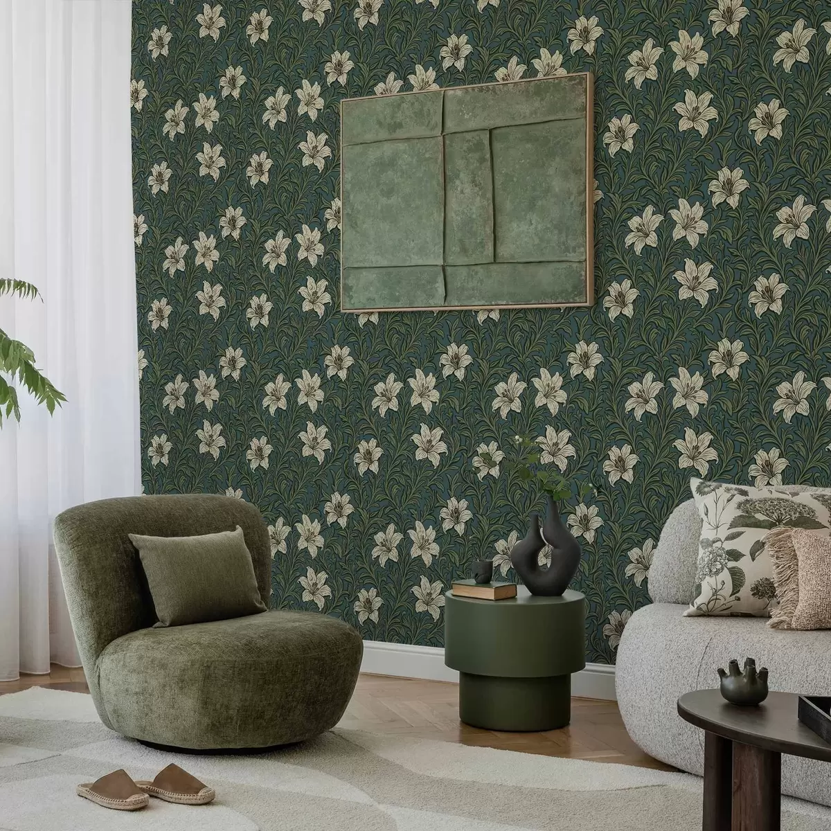 Шпалери Кремові лілії серед густої зелені на бірюзовому тлі a00645