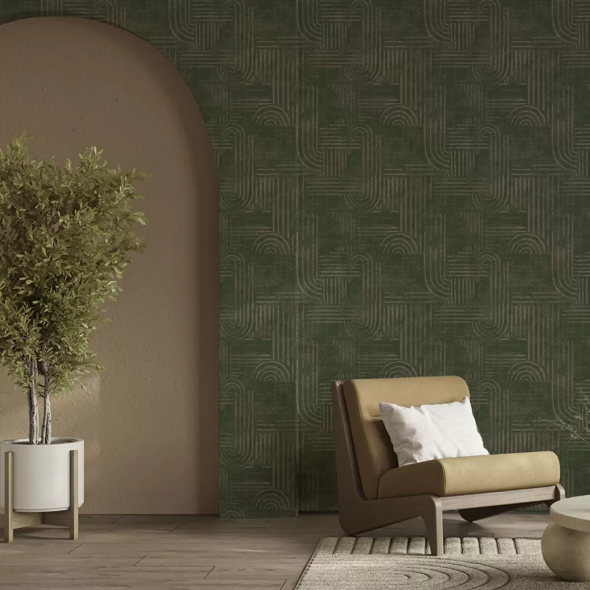 Шпалери Геометричний візерунок з дугами в зеленій палітрі a00697