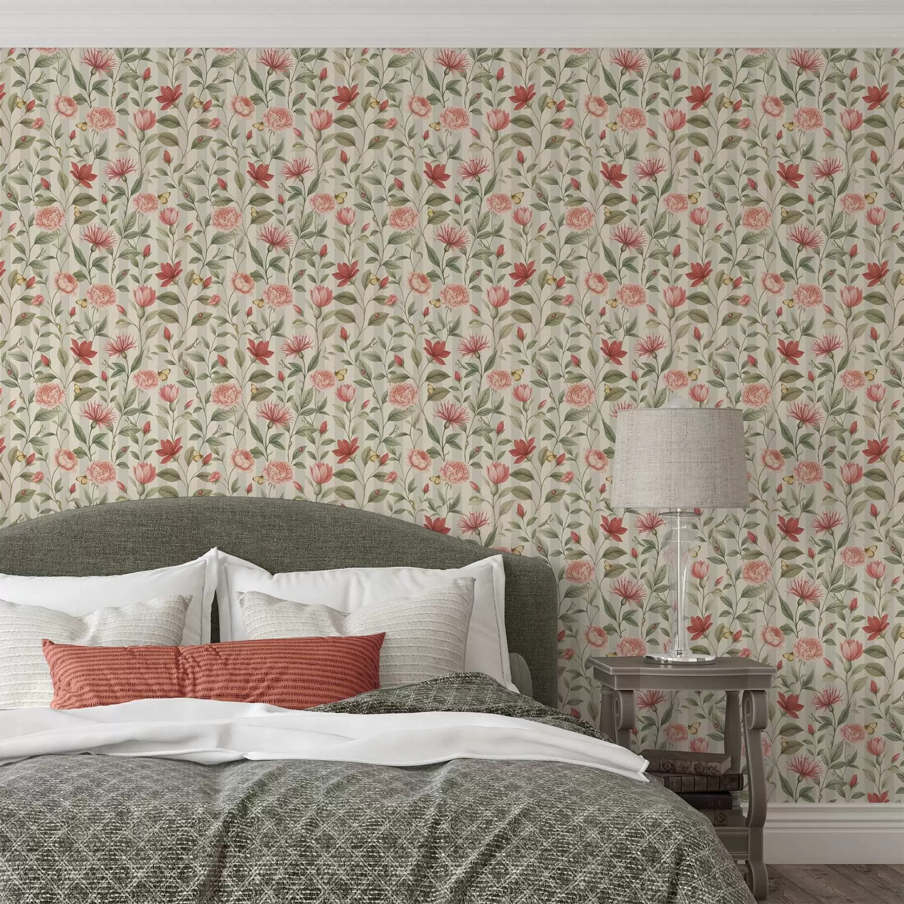 Шпалери Квіткові стебла з метеликами на світлому тлі a00698