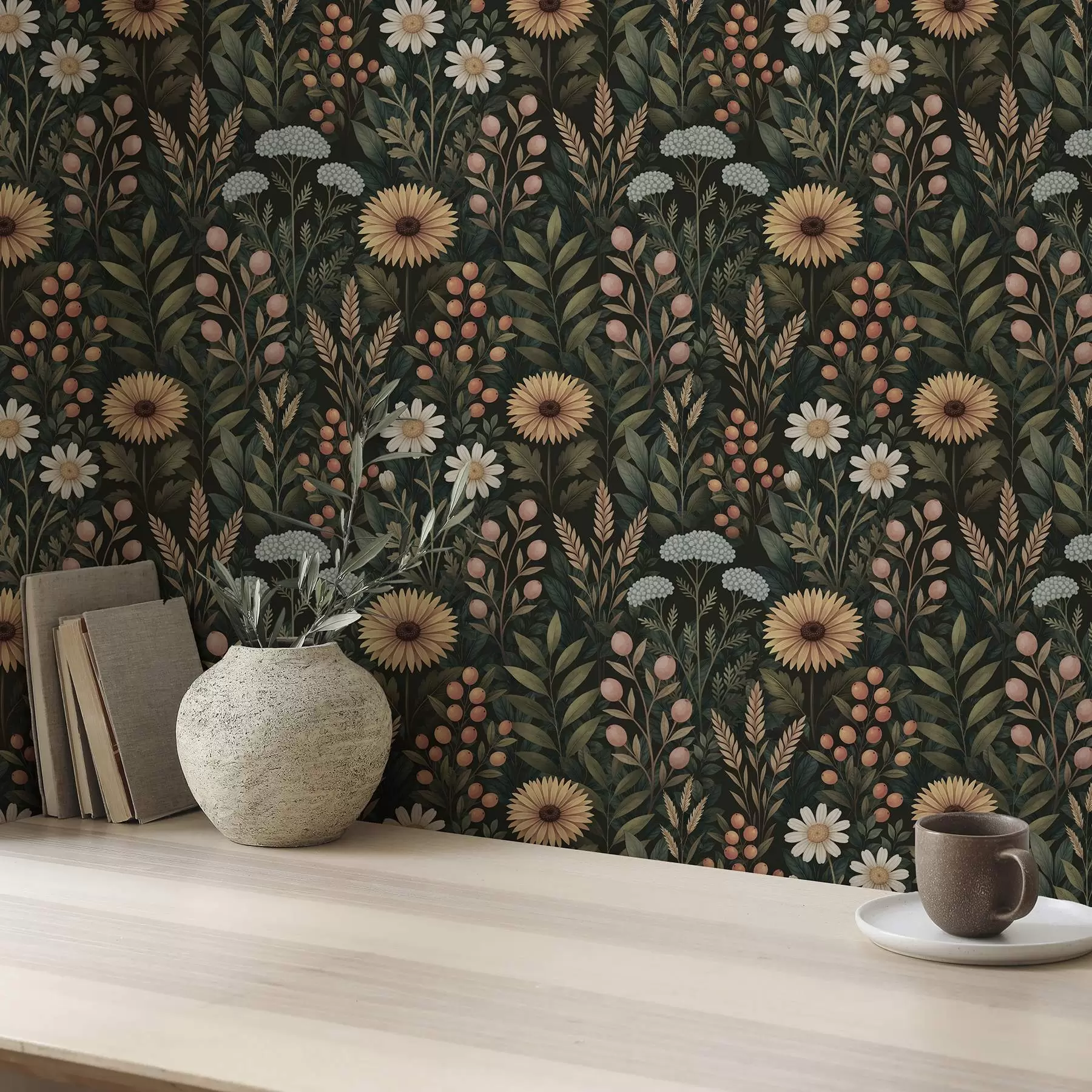 Шпалери Польові квіти та ягоди на темному тлі, природний орнамент a00707