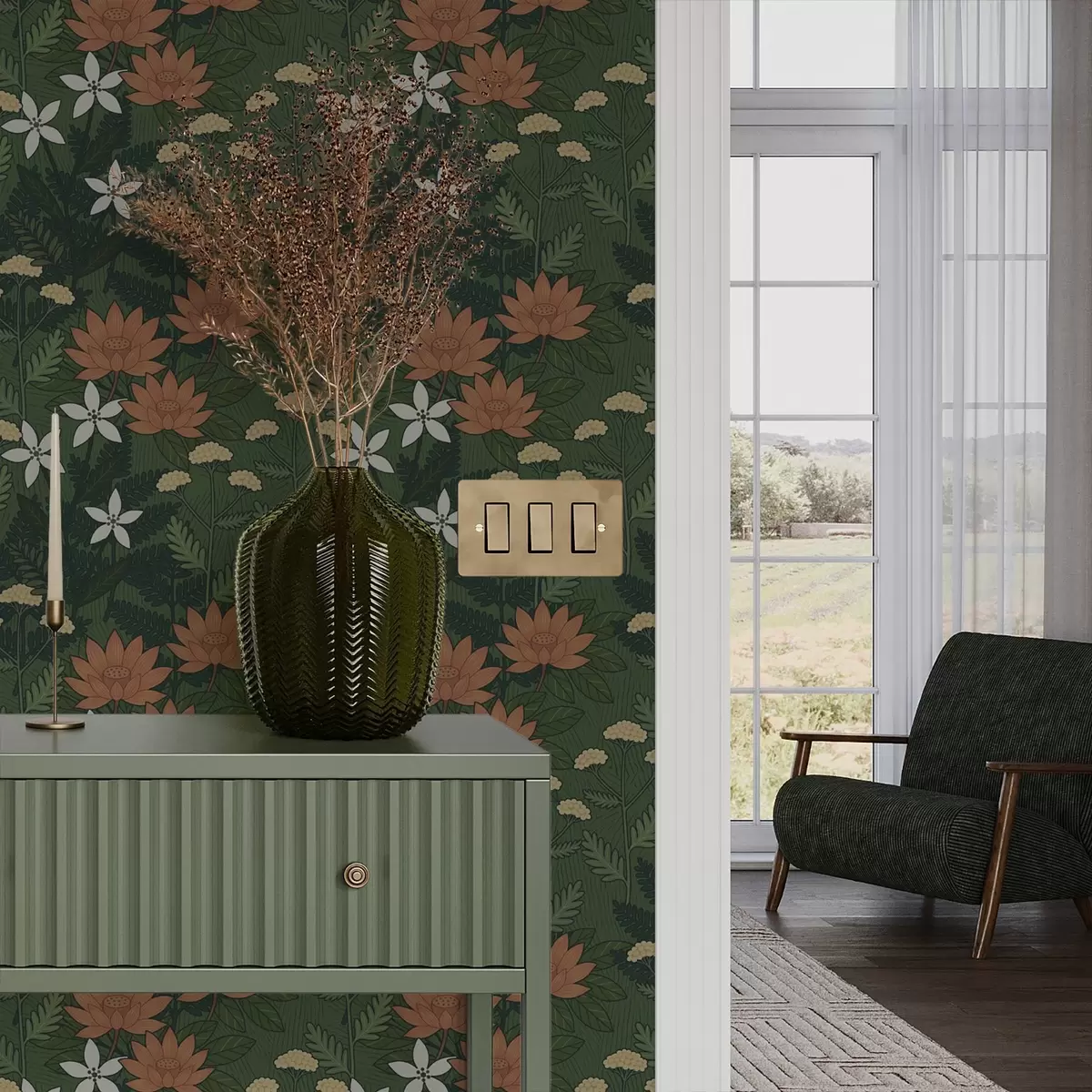 Шпалери Великі квіти серед зеленого листя, декоративна композиція a00708