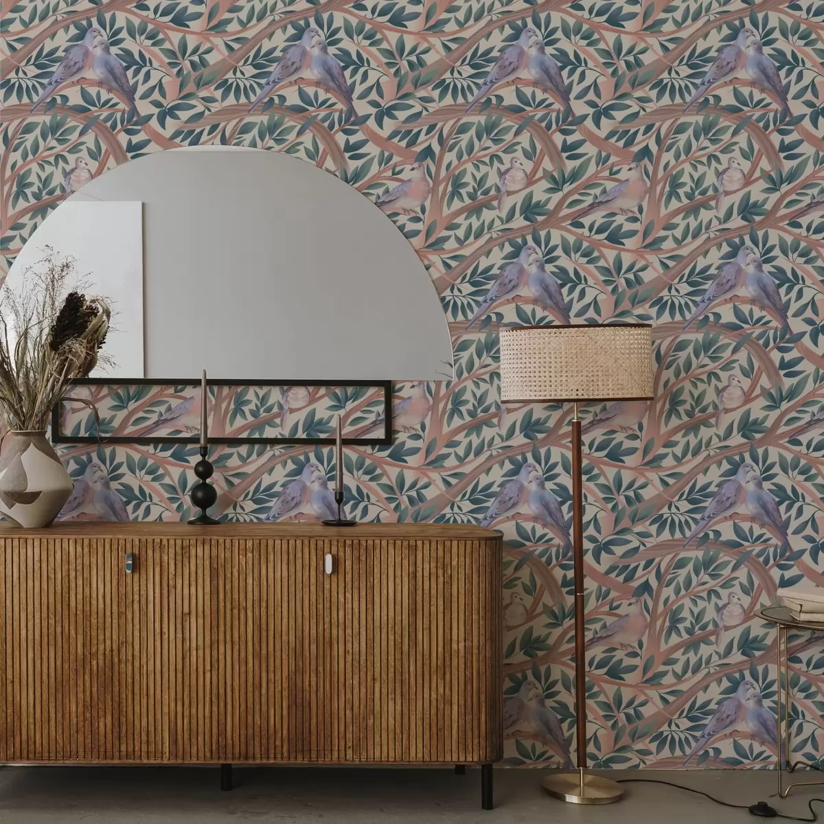 Шпалери Голуби серед гілок і листя в м'якій пастельній палітрі a00796