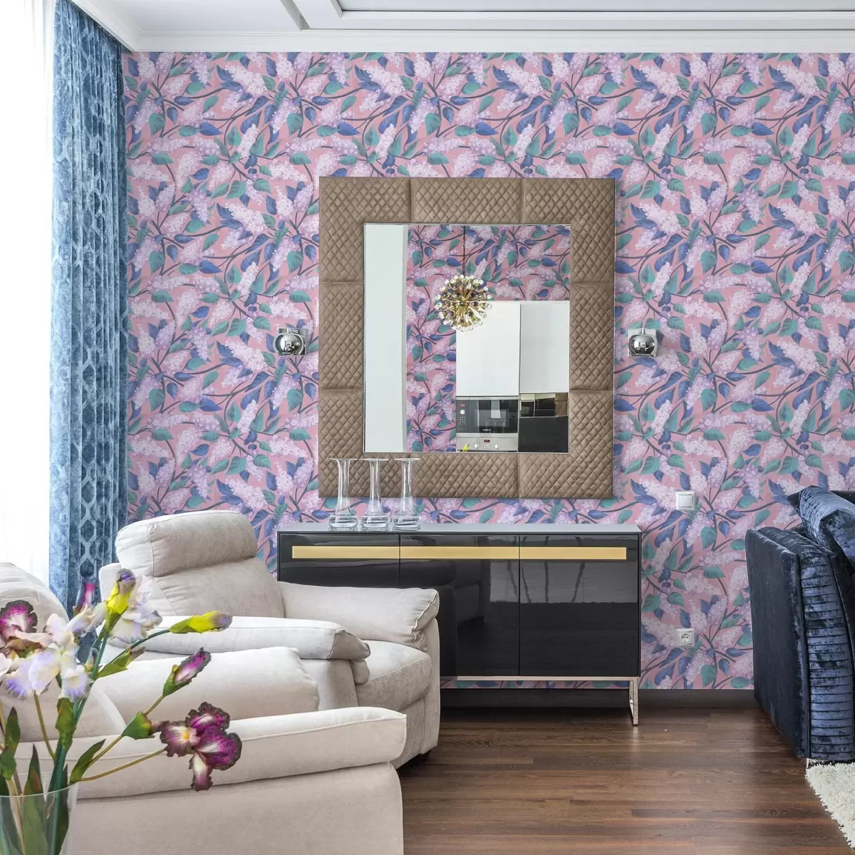 Шпалери Ніжні бузкові квіти на рожевому тлі, весняний настрій a00797