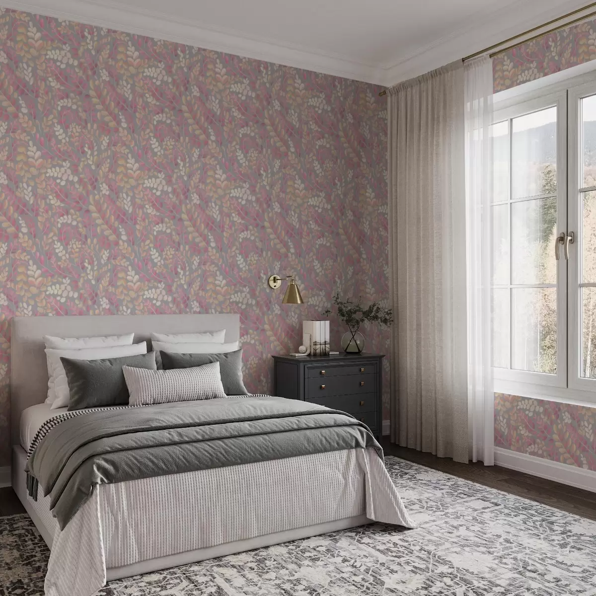 Шпалери Пастельні гілки з рожево-персиковим листям на сірому тлі a00799v1