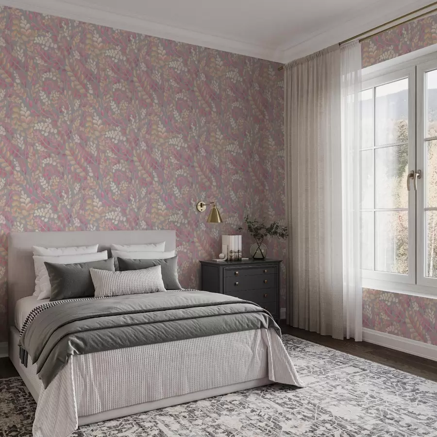 Шпалери Пастельні гілки з рожево-персиковим листям на сірому тлі a00799v1