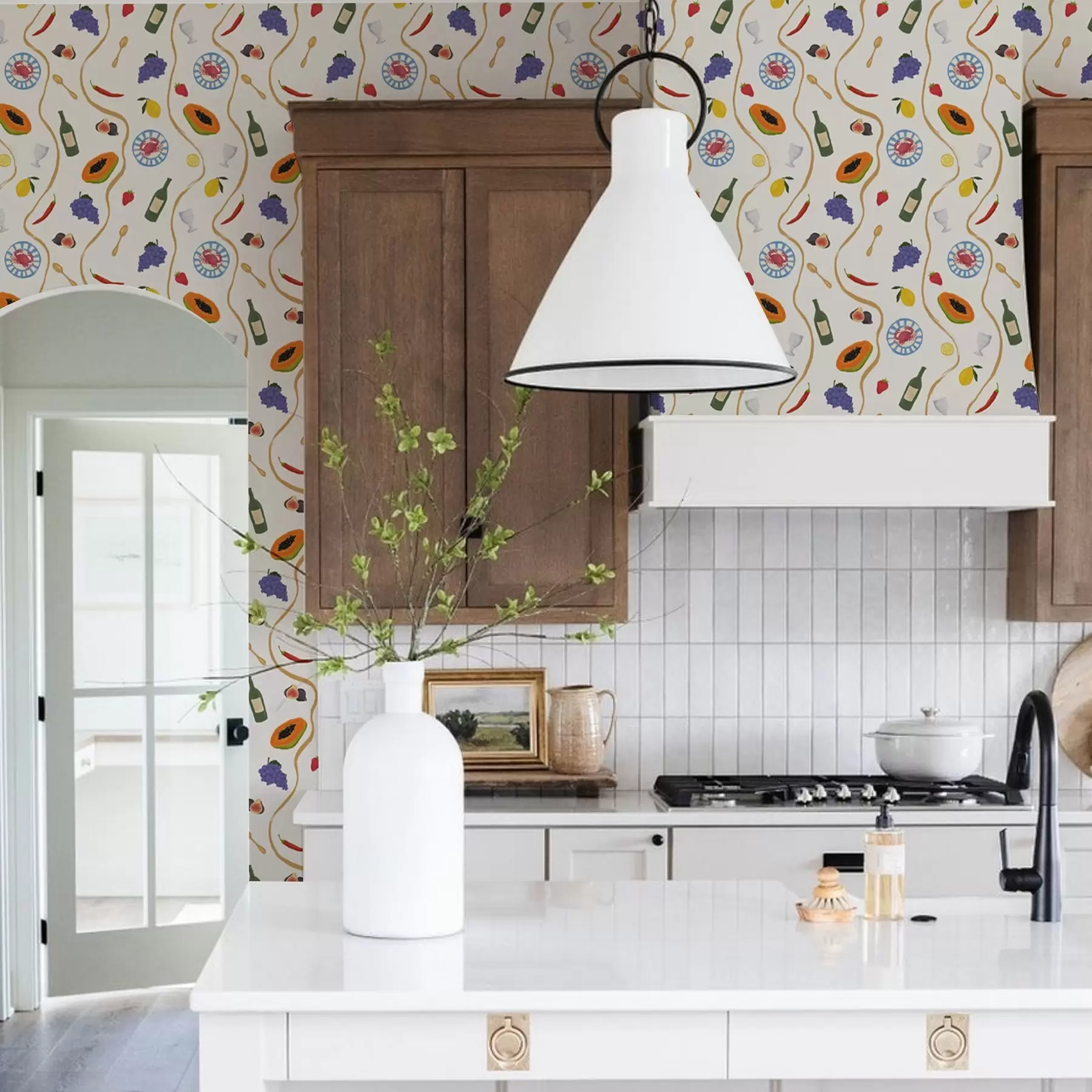 Шпалери Пляшки, папая, лимони та спеції на світлому тлі a00802