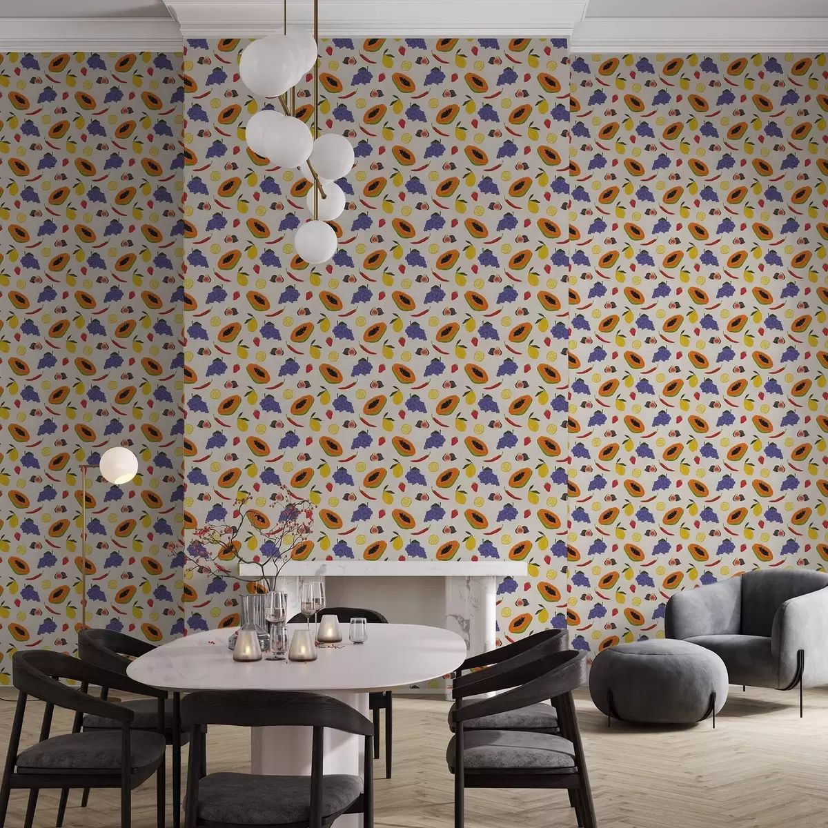 Шпалери Папая, виноград і лимони — яскрава фруктова суміш a00803