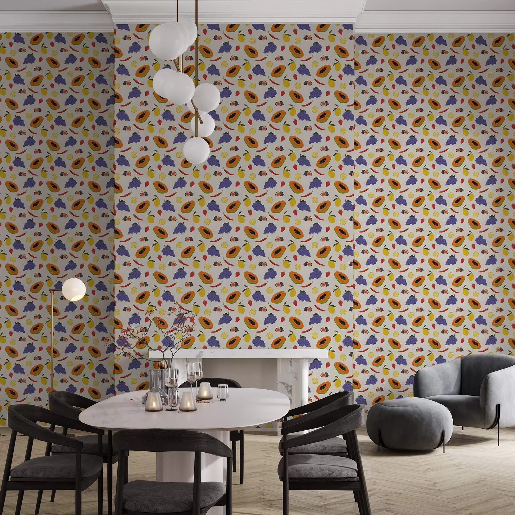 Шпалери Папая, виноград і лимони — яскрава фруктова суміш a00803