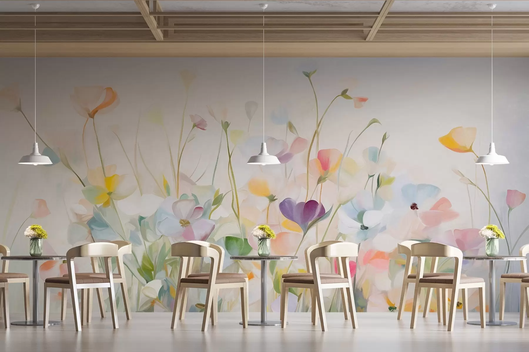 Шпалери Абстрактне поле з барвистими квітами з довгими стеблами та зеленим листям, текстуроване, пастельні, світлі кольори w09466