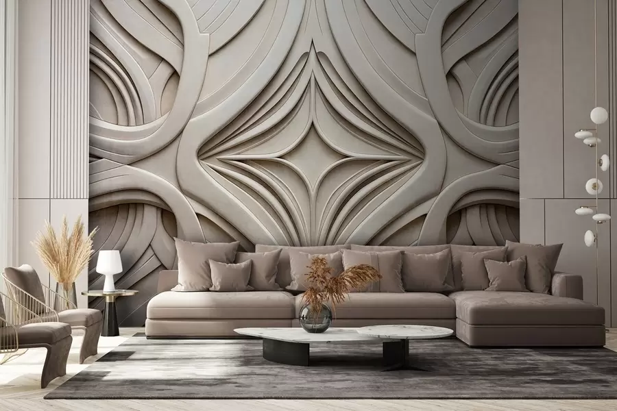 Шпалери Абстрактний симетричний текстурований геометричний принт, світло-бежевий колір, стиль ар-деко, складні деталі w09473