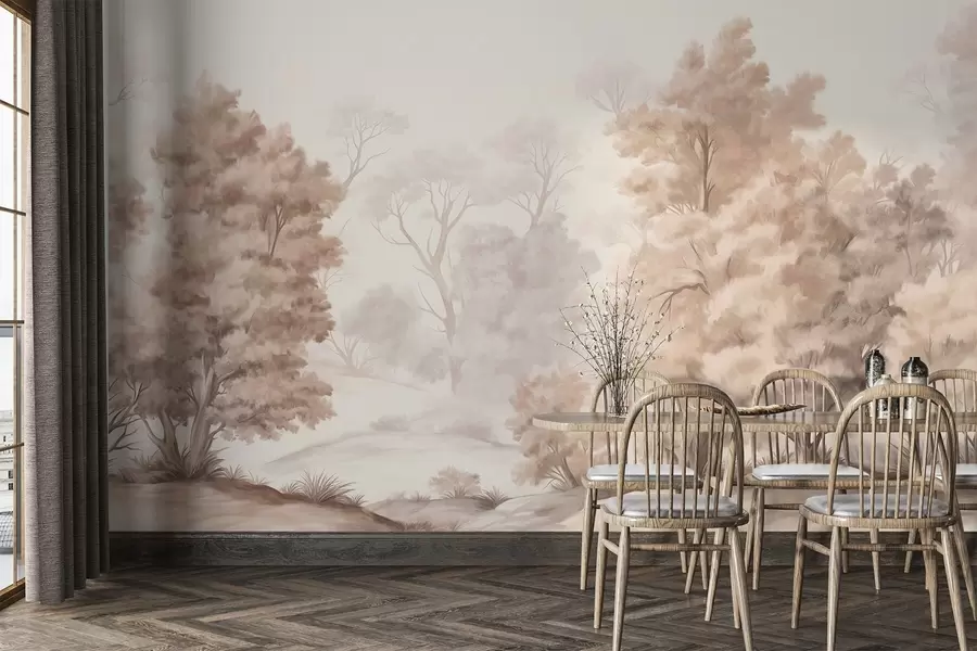 Шпалери Текстурована пейзажна картина, що імітує ліс з високими деревами та травою, приглушені та м'які кольори, заспокійлива сцена w09474