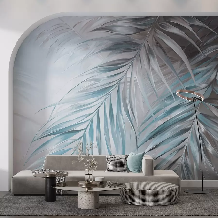 Шпалери Пальмове листя з сірими та синіми відтінками, світлий текстурований фон з м'якими кольорами, елегантний тропічний стиль w09475v1