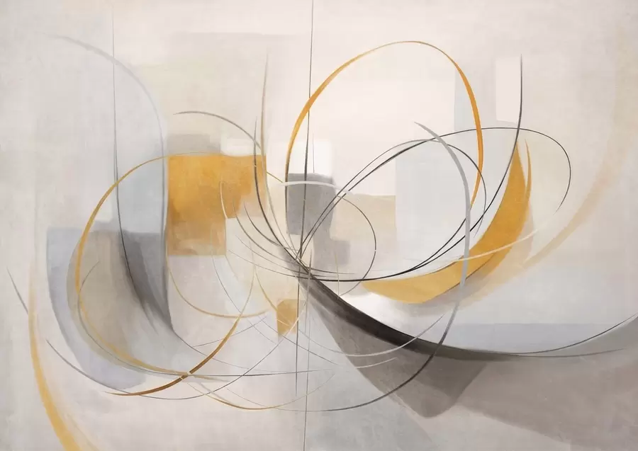 Шпалери Абстрактний текстурований сучасний стиль живопису з вигнутими лініями та геометричними фігурами у відтінках сірого, білого та оранжевого кольорів w09476