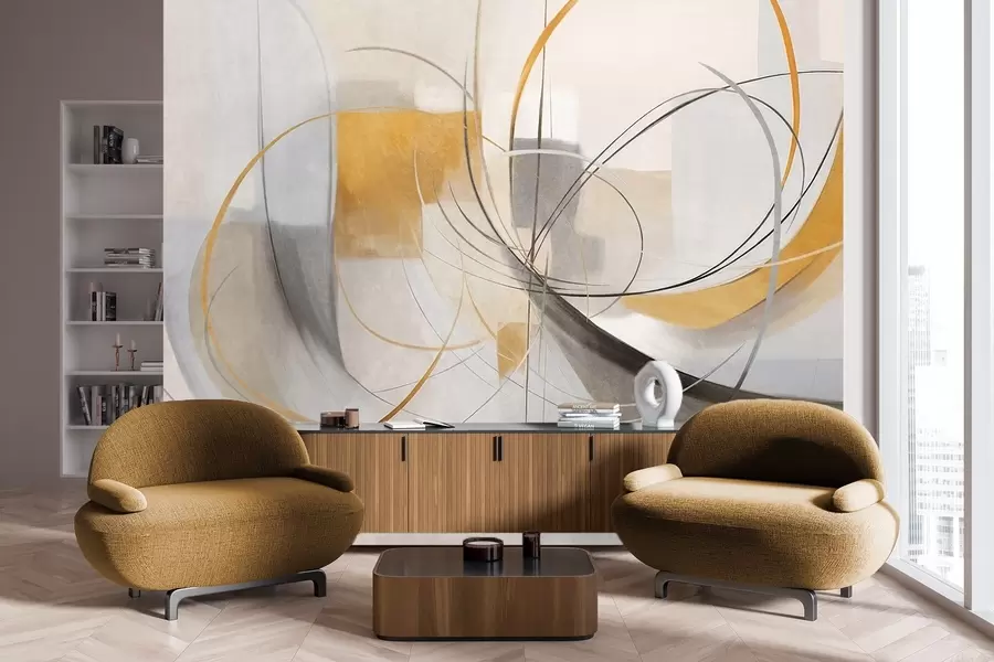 Шпалери Абстрактний текстурований сучасний стиль живопису з вигнутими лініями та геометричними фігурами у відтінках сірого, білого та оранжевого кольорів w09476