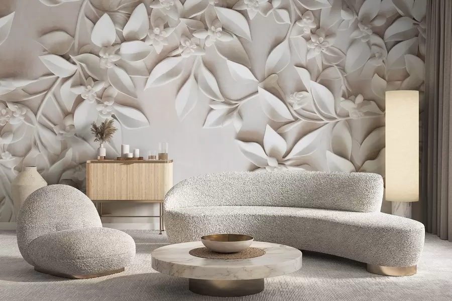 Шпалери Білі текстуровані квіти та листя, квіткова композиція, елегантний дизайн, мінімалістичний стиль, декоративне мистецтво w09479