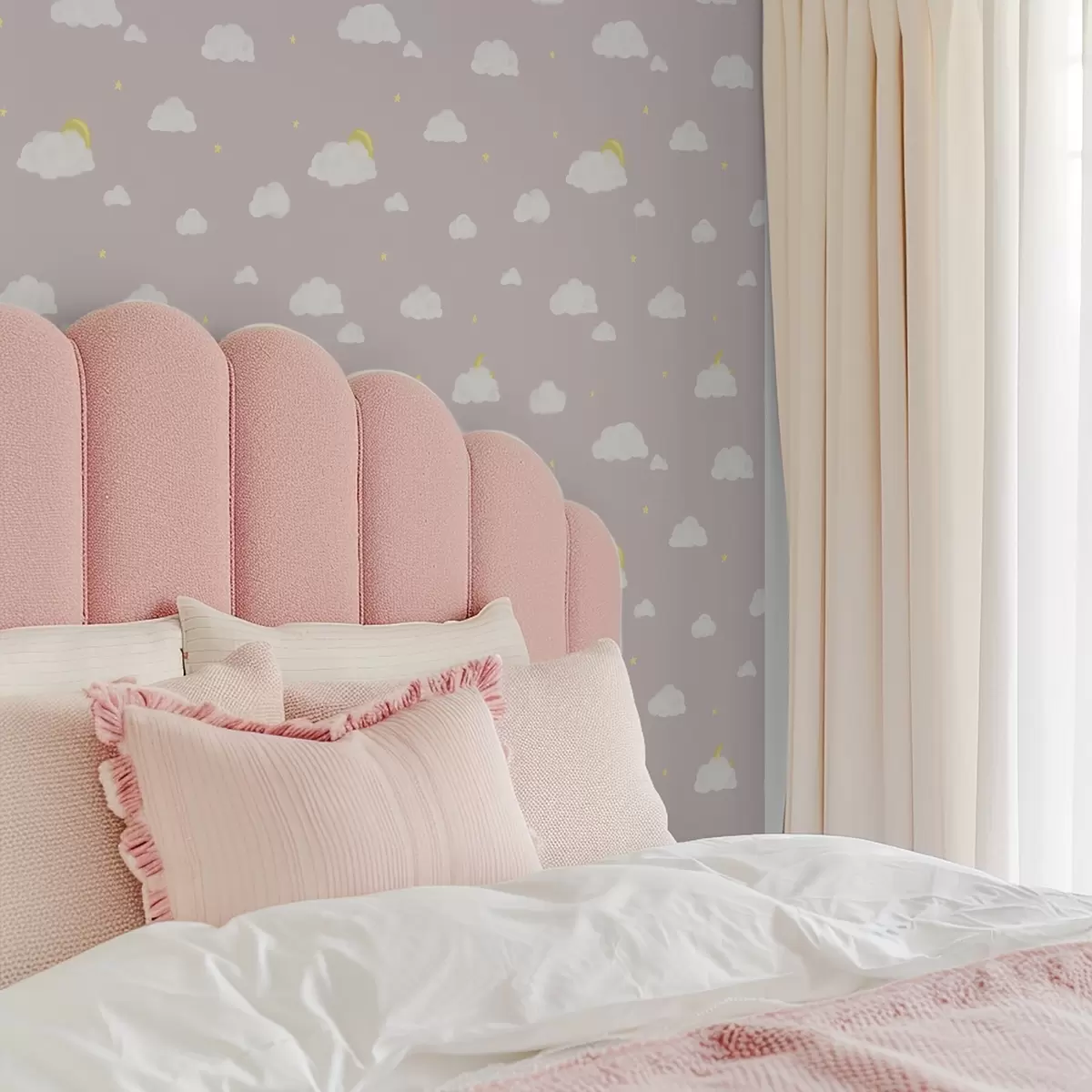 Шпалери М'які хмари, зірки і сонце на рожево-сірому тлі a00652v2