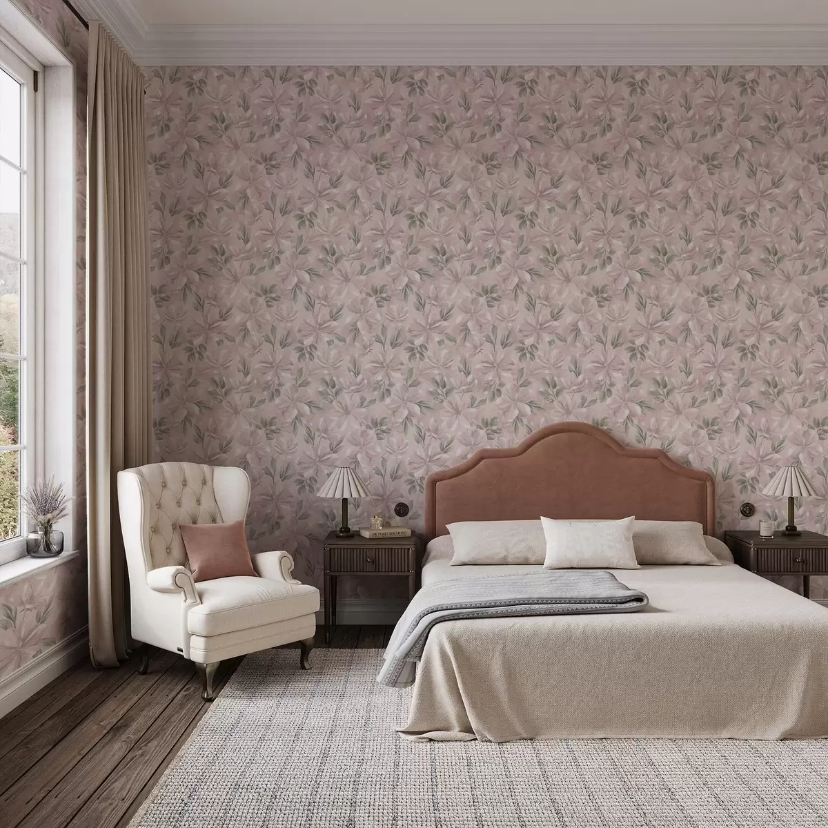 Шпалери Рожеві квіти з ніжним листям на м'якому тлі a00675