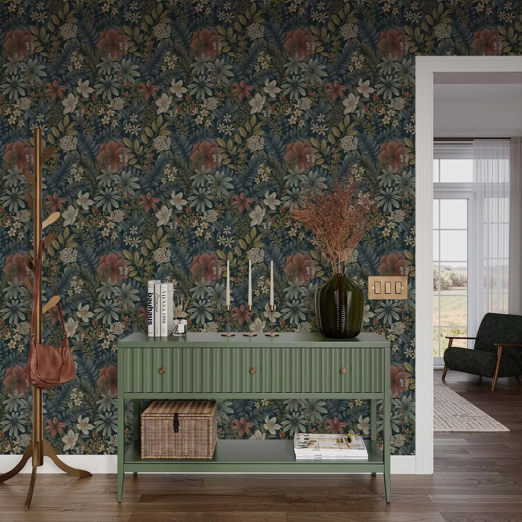 Шпалери Темний фон з густими квітами та листям у теплих тонах a00678