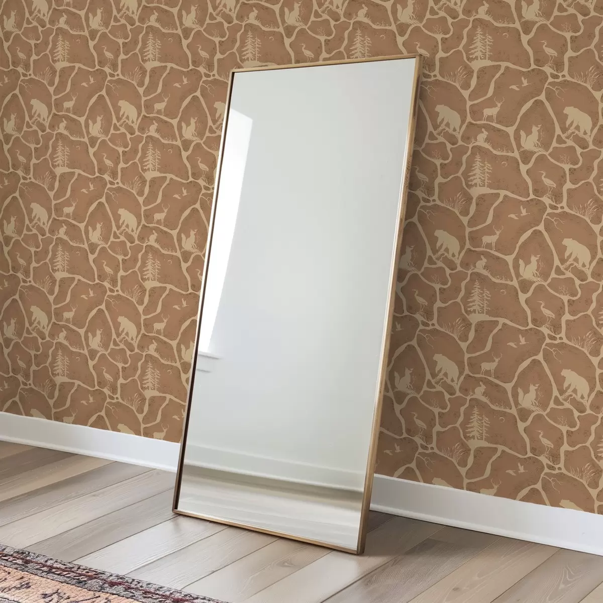 Шпалери Силуети тварин і дерев у природному ландшафті з текстурою каменю a00727