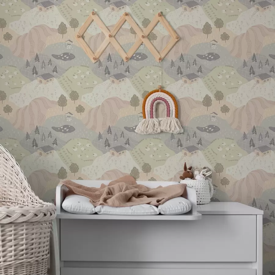 Шпалери Казкова сільська місцевість з деревами, гусьми та вівцями a00728