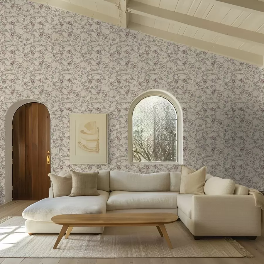 Шпалери Троянди із зеленим листям на теплій бежевій основі a00729