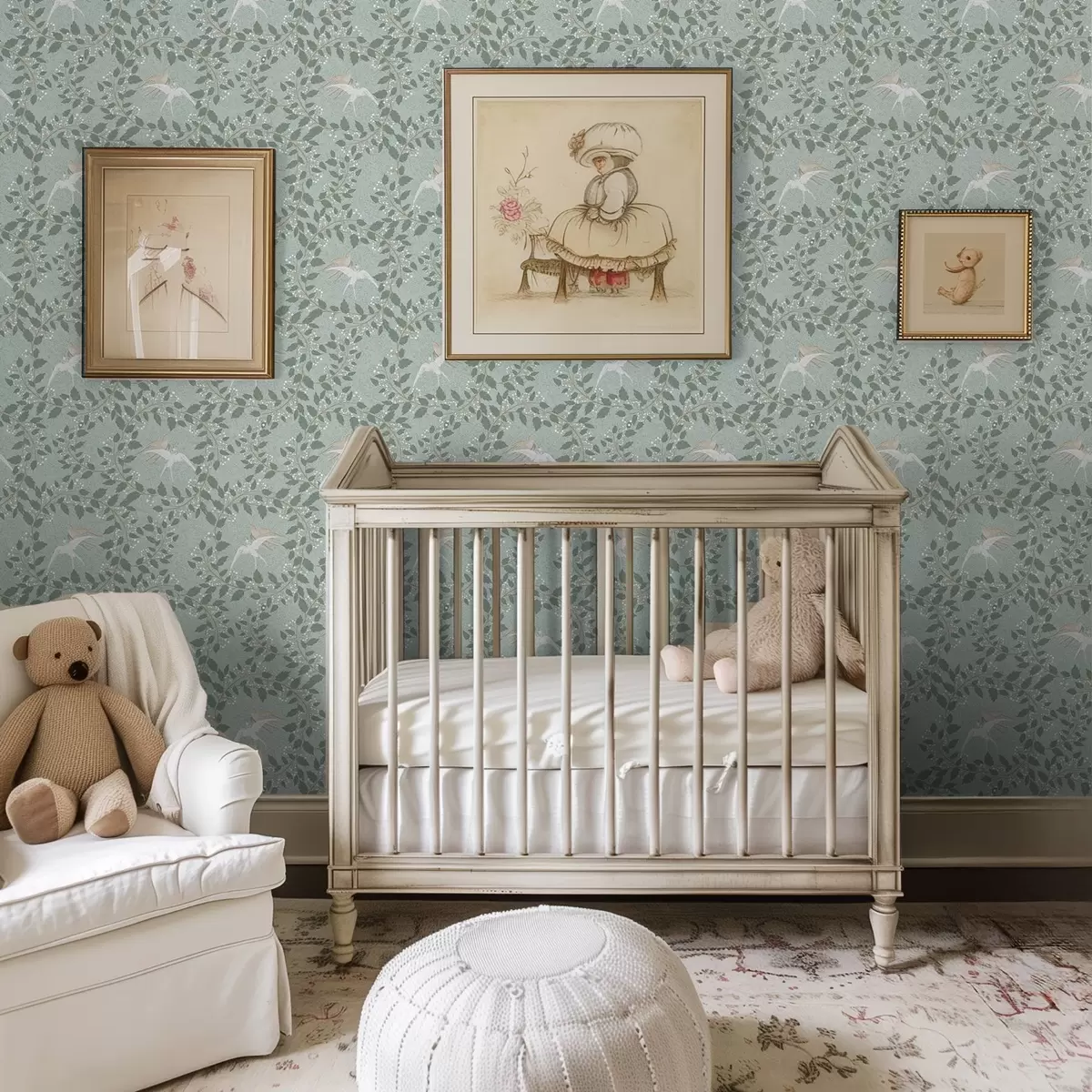 Шпалери Гілки з білими ягодами і птахами на зеленому тлі a00731