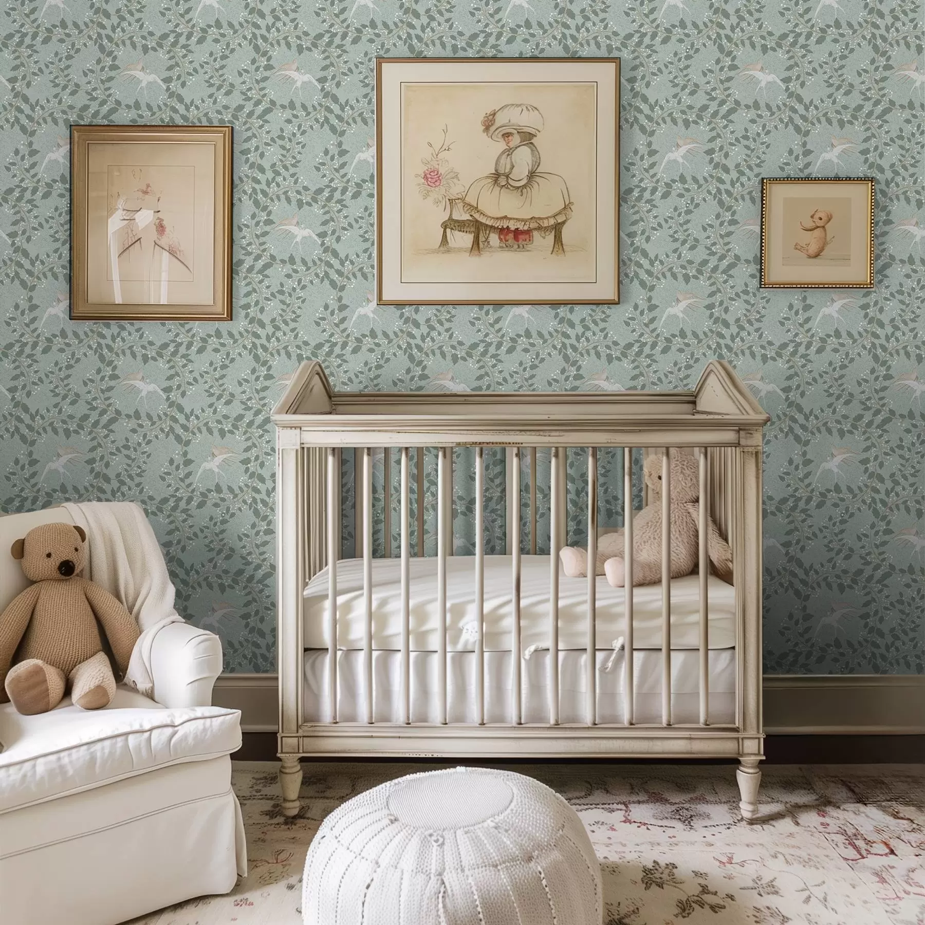 Шпалери Гілки з білими ягодами і птахами на зеленому тлі a00731