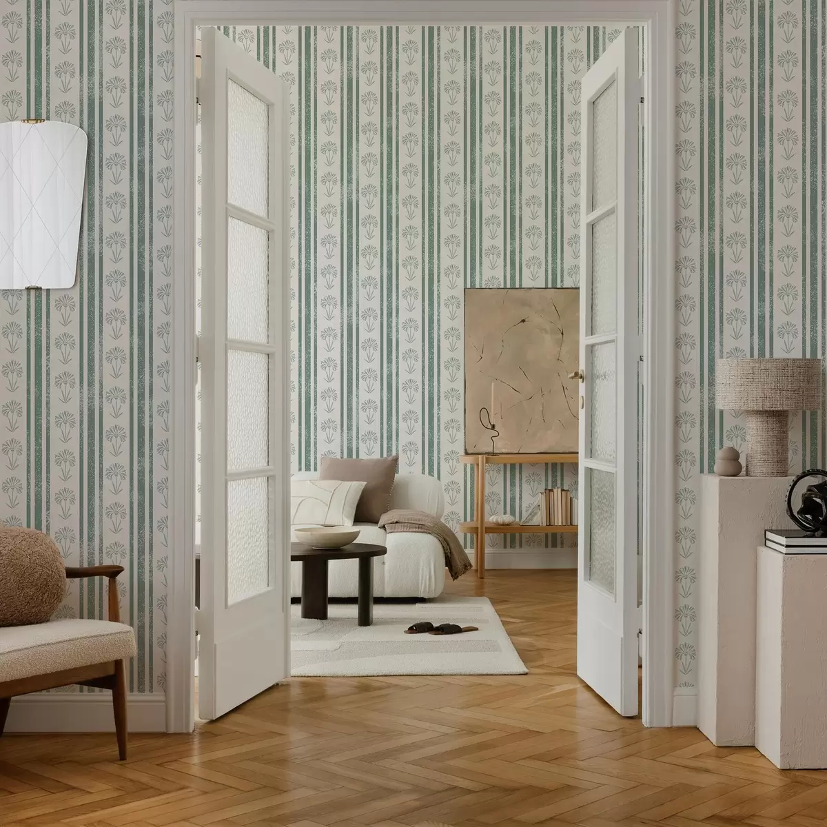 Шпалери Стрічковий візерунок з квітами в зелених відтінках a00732