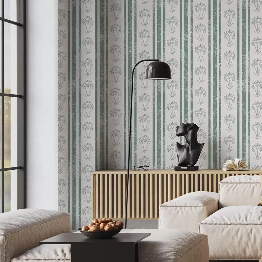 Шпалери Стрічковий візерунок з квітами в зелених відтінках a00732