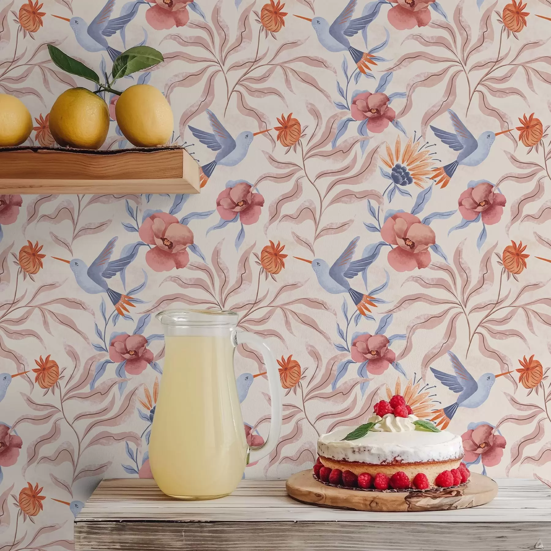 Шпалери Колібрі серед великих квітів у рожевих і блакитних тонах a00733