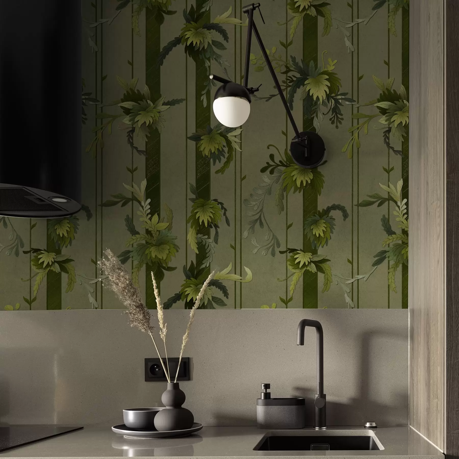 Шпалери Листя винограду та грона у світло-зелених акварельних тонах a00807