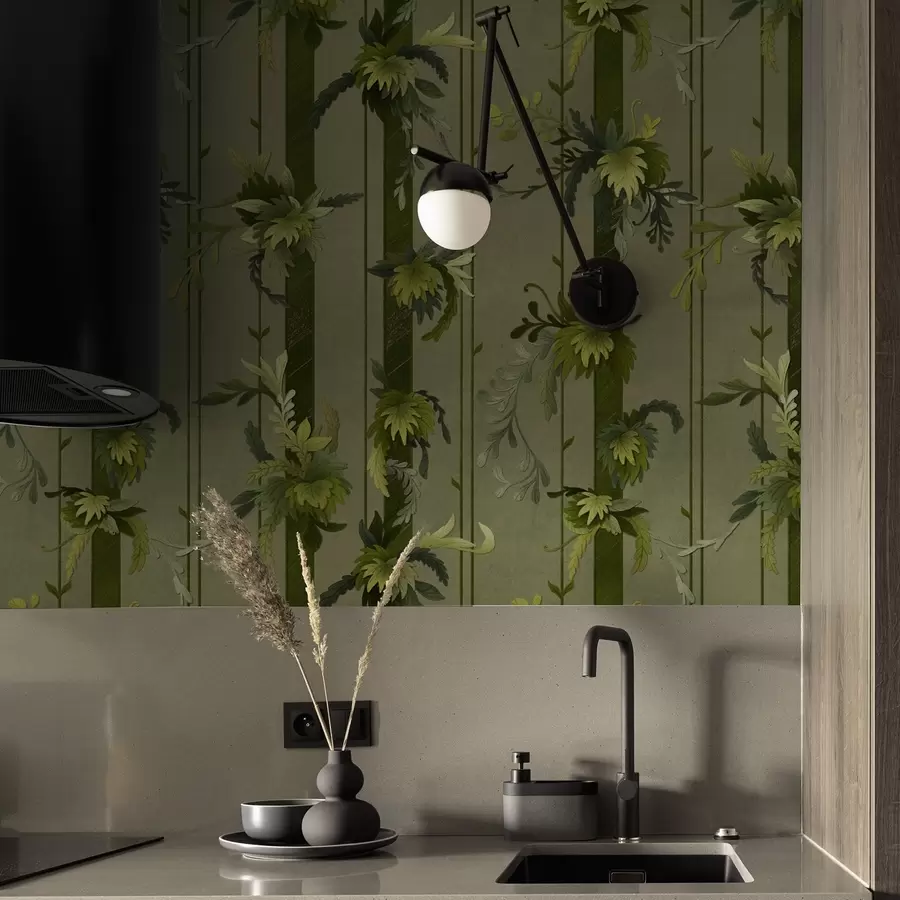 Шпалери Листя винограду та грона у світло-зелених акварельних тонах a00807