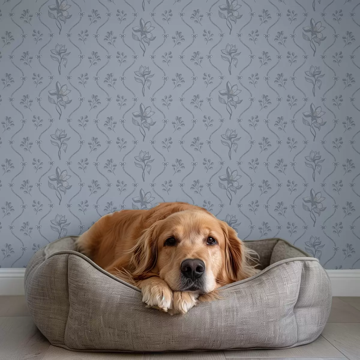 Шпалери Маленькі квіти та стрічки в сіро-блакитній гамі a00808v2