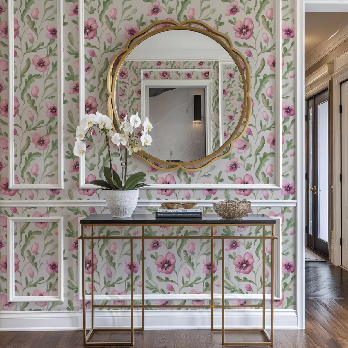 Шпалери Ніжні рожеві маки з листям, виконані в техніці акварелі a00830