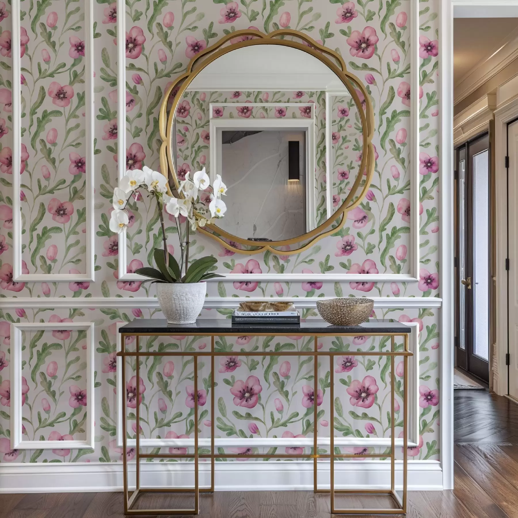 Шпалери Ніжні рожеві маки з листям, виконані в техніці акварелі a00830