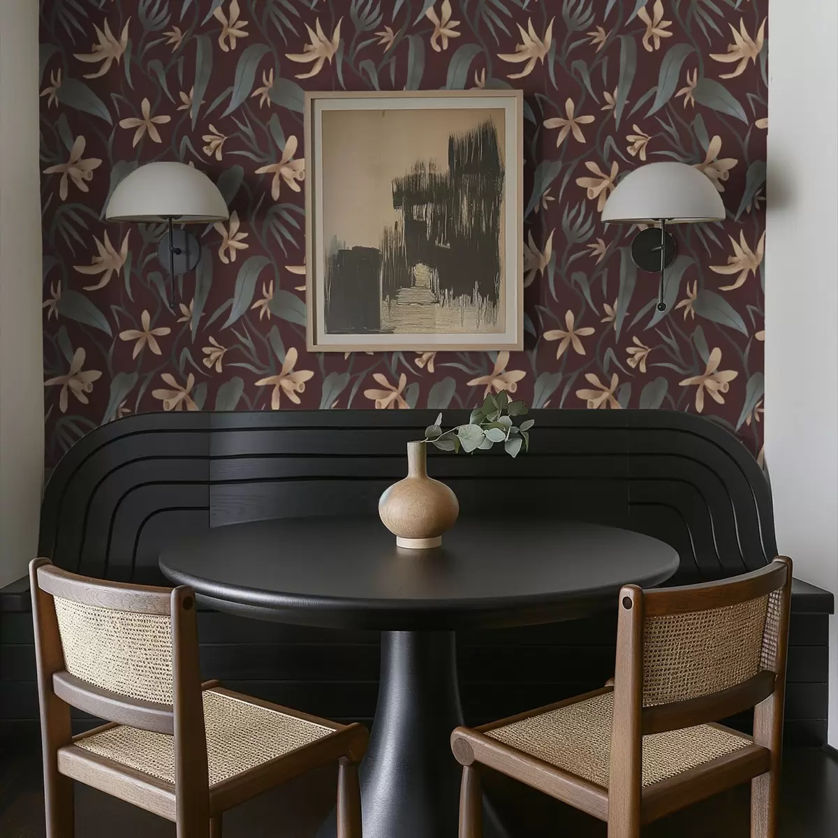 Шпалери Кремові квіти з сірими листям на бордовому тлі a00833