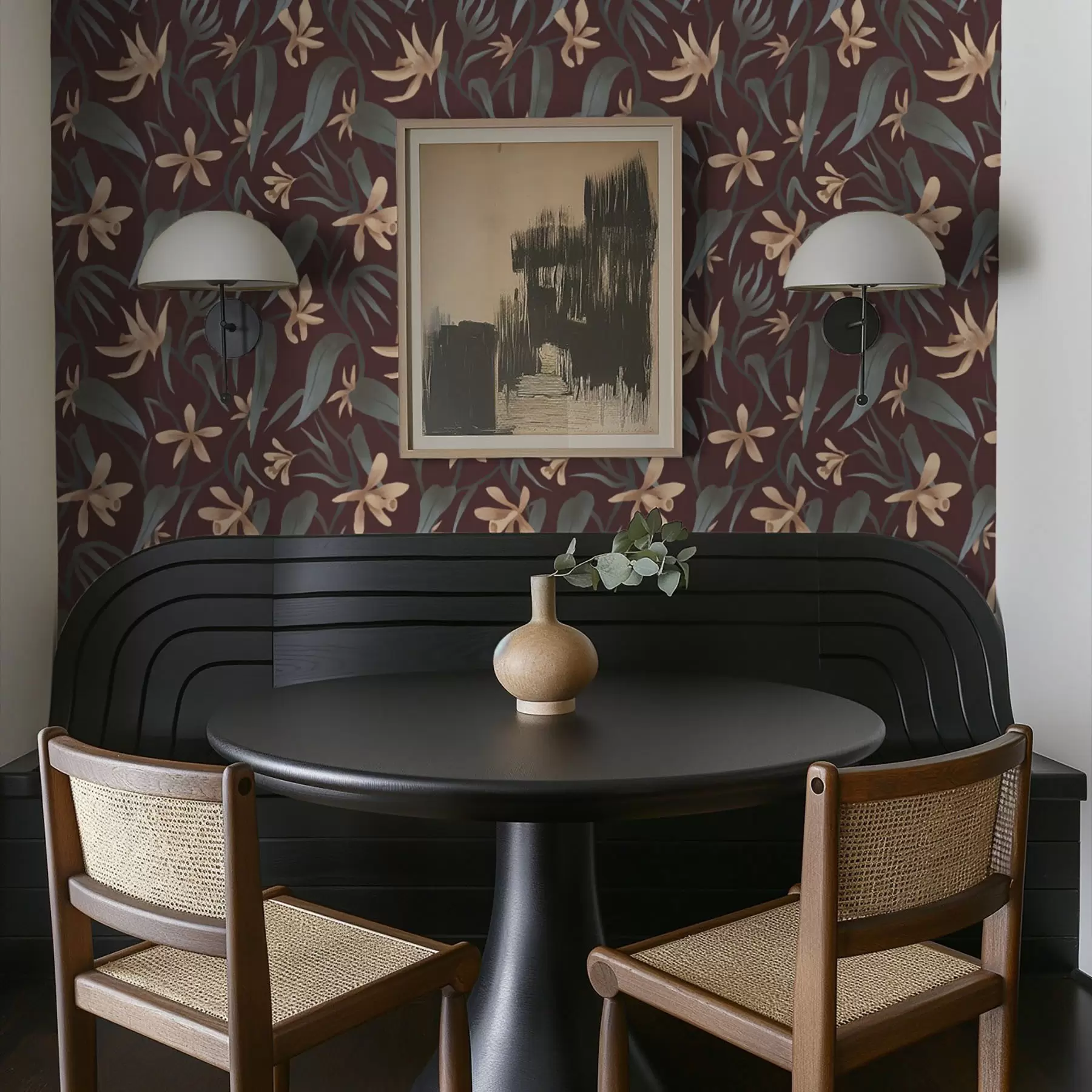 Шпалери Кремові квіти з сірими листям на бордовому тлі a00833