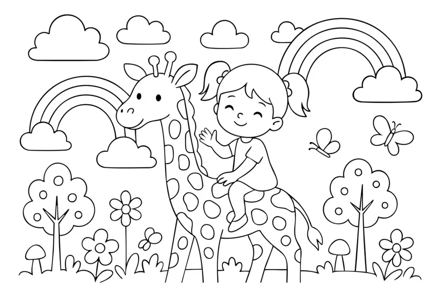 Шпалери чорно-білий малюнок дівчинки на жирафі в стилі дитячої розмальовки w04753