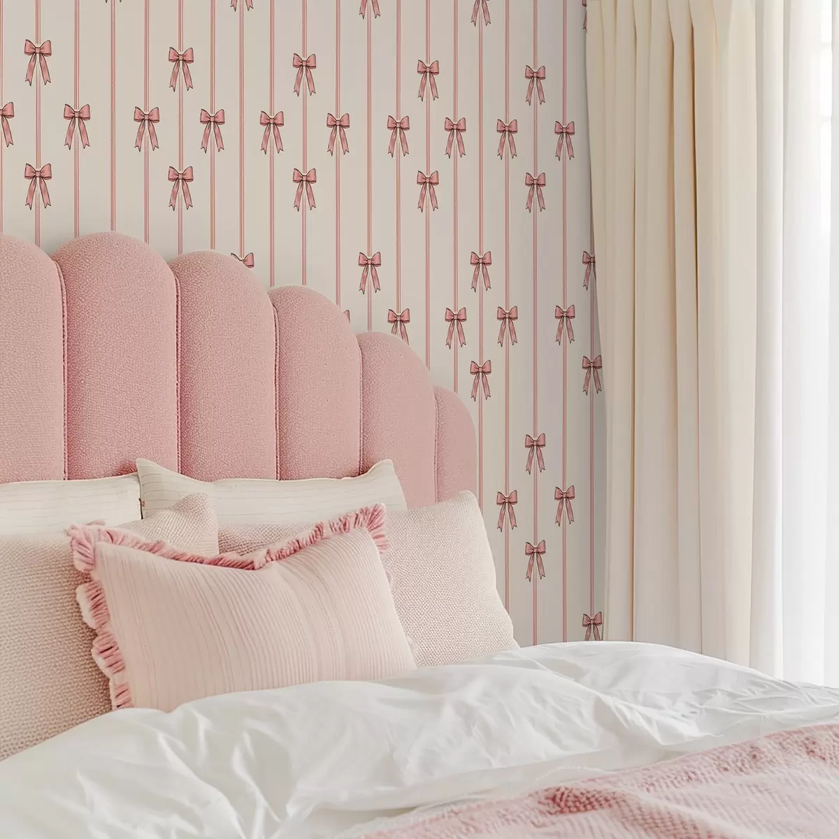 Шпалери Вертикальні стрічки з бантами, фон кольору слонової кістки a00653