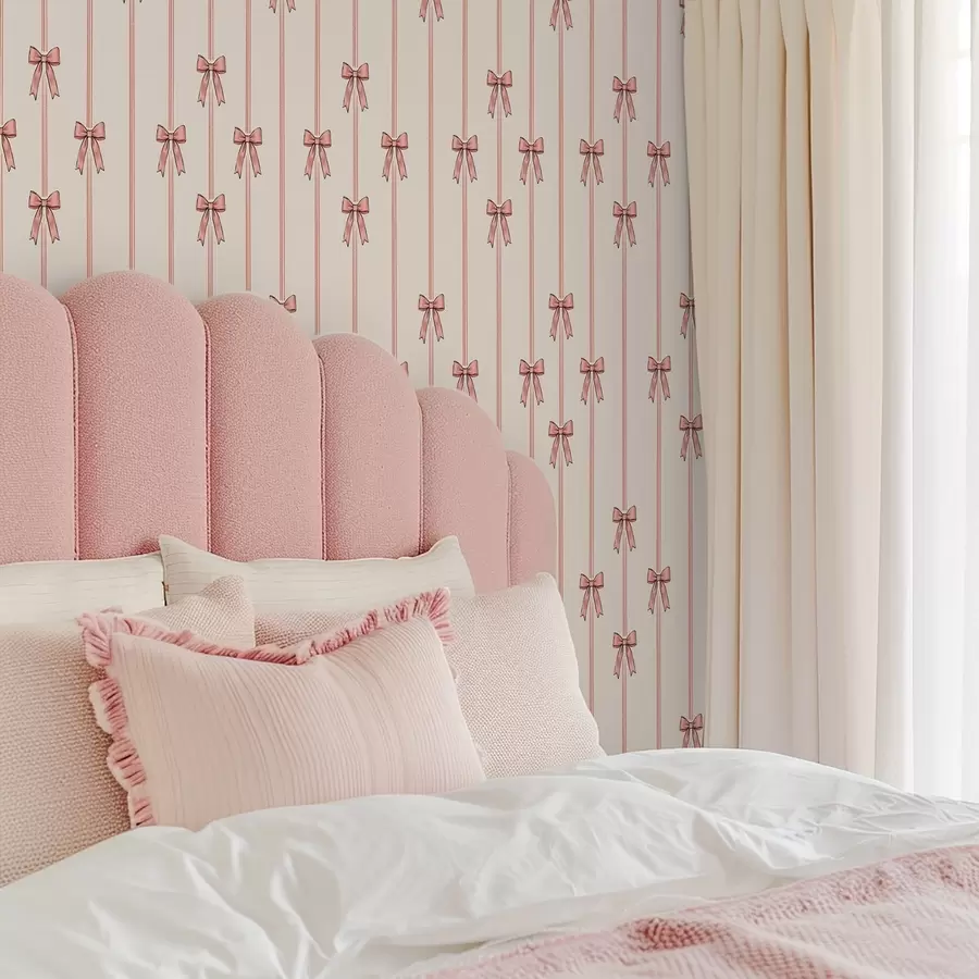 Шпалери Вертикальні стрічки з бантами, фон кольору слонової кістки a00653
